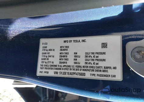 2023 Tesla Model 3 Rear-Wheel Drive z USA, uszkodzony, nr VIN 5YJ3E1EAXPF476600